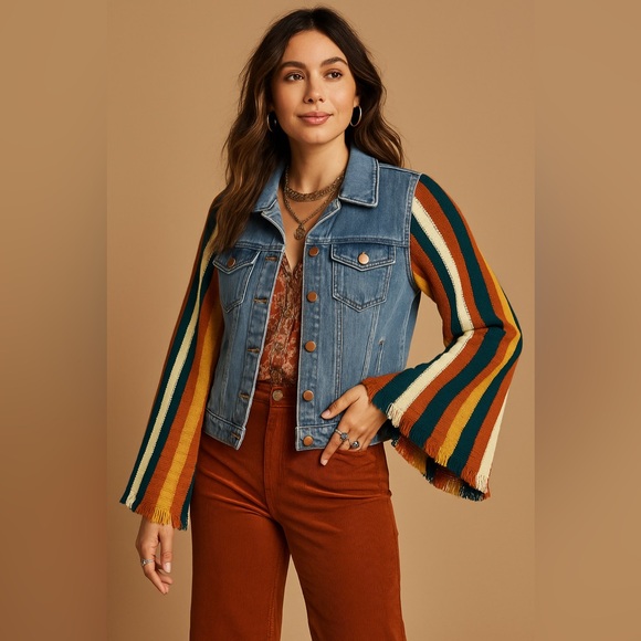 Altar'd State Knit Bell Sleeve Stripe Jean Jacket Hippie Denim Boho Fall Coat - Picture 1 of 12